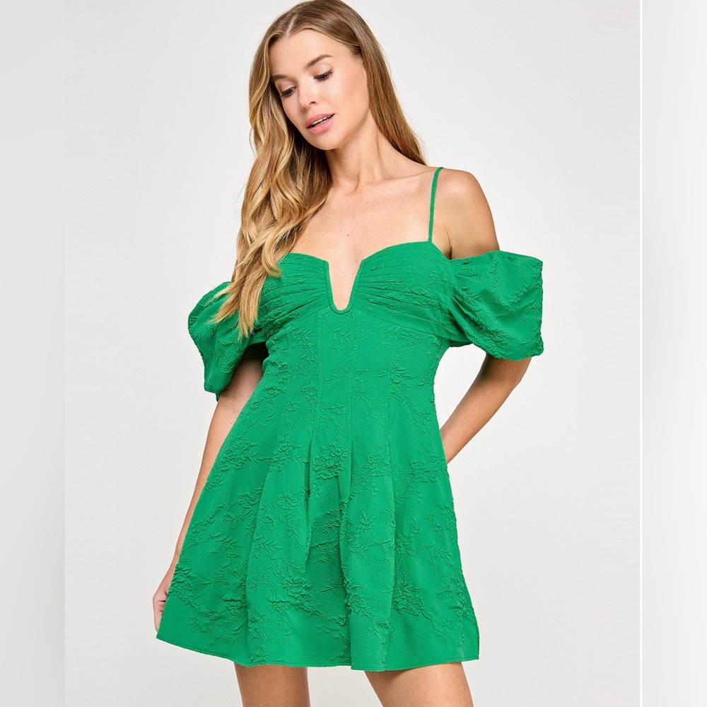 City Studios Juniors' Jacquard Off-the-Shoulder Fit & Flare Green Dress